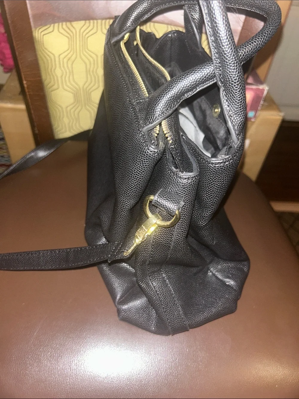 Tahari Black Pebbled Satchel with Gold Bow Hardware